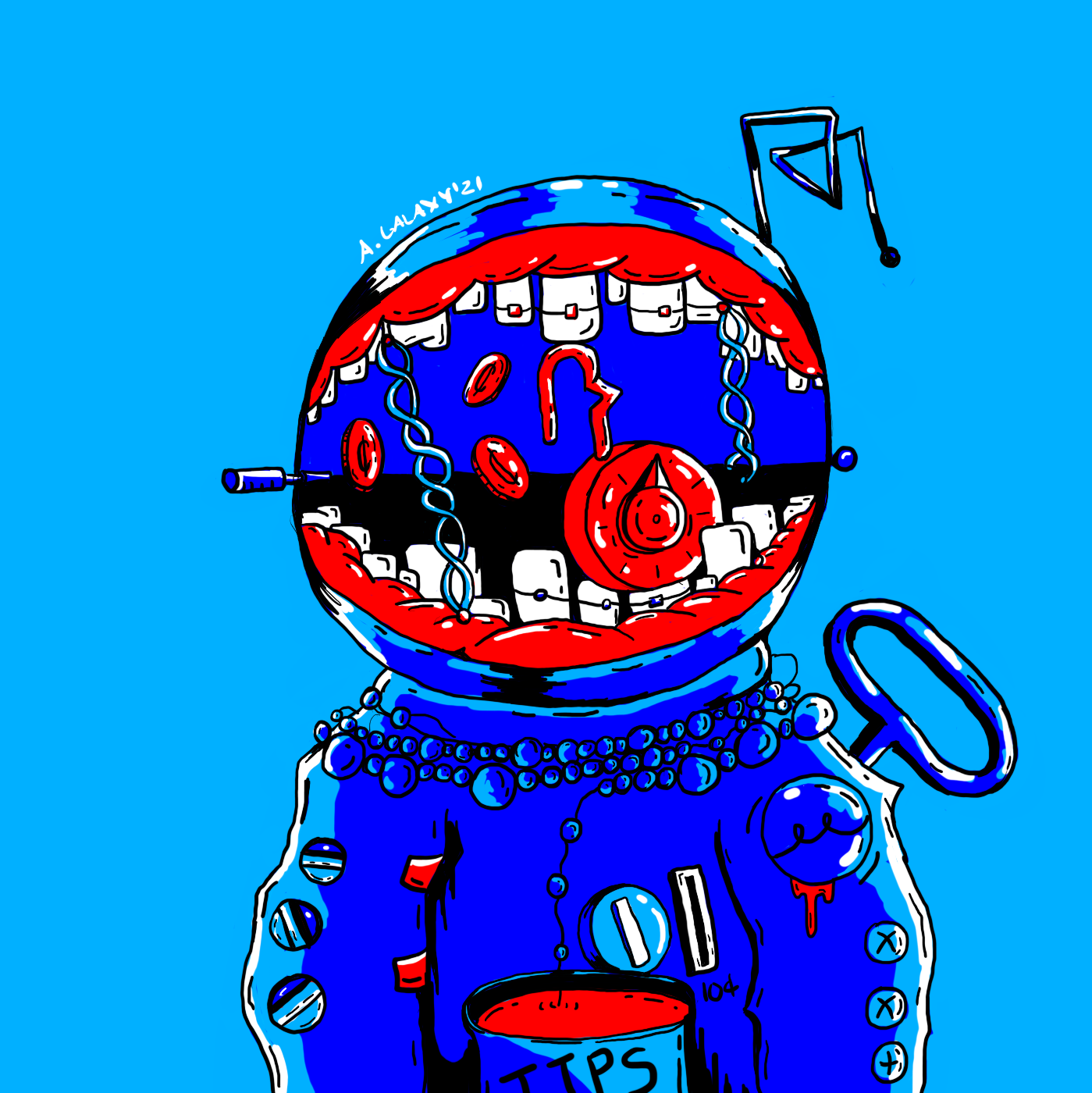 Image Description: An astronaut, in a dark blue space suit stands in front of a sky blue background. Their antenna is crooked into a jagged spiral. In place of their face is two rows of teeth and red gums, open wide. The rectangular teeth are spaced out, varying in size, adorned with braces. The top and bottom of this mouth are linked together by two chains, one of which is broken. Inside the mouth is a Dudley style lock and three coins. The astronaut is wearing a pearl necklace wrapped around them, dipped into a tip jar they're holding. The tip jar is full of red paint. The spacesuit has oven dials, three screws, and a lightbulb dripping paint on the arms. There is a windup key on their back.